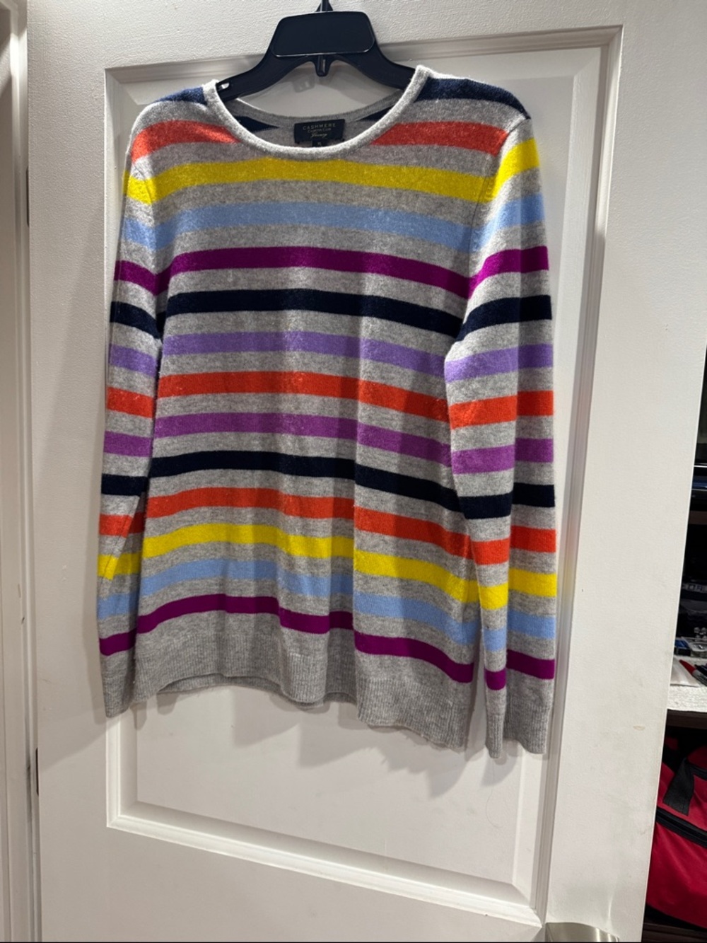 Charter Club Gray Crewneck Cashmere Sweater with Multicolor Stripes